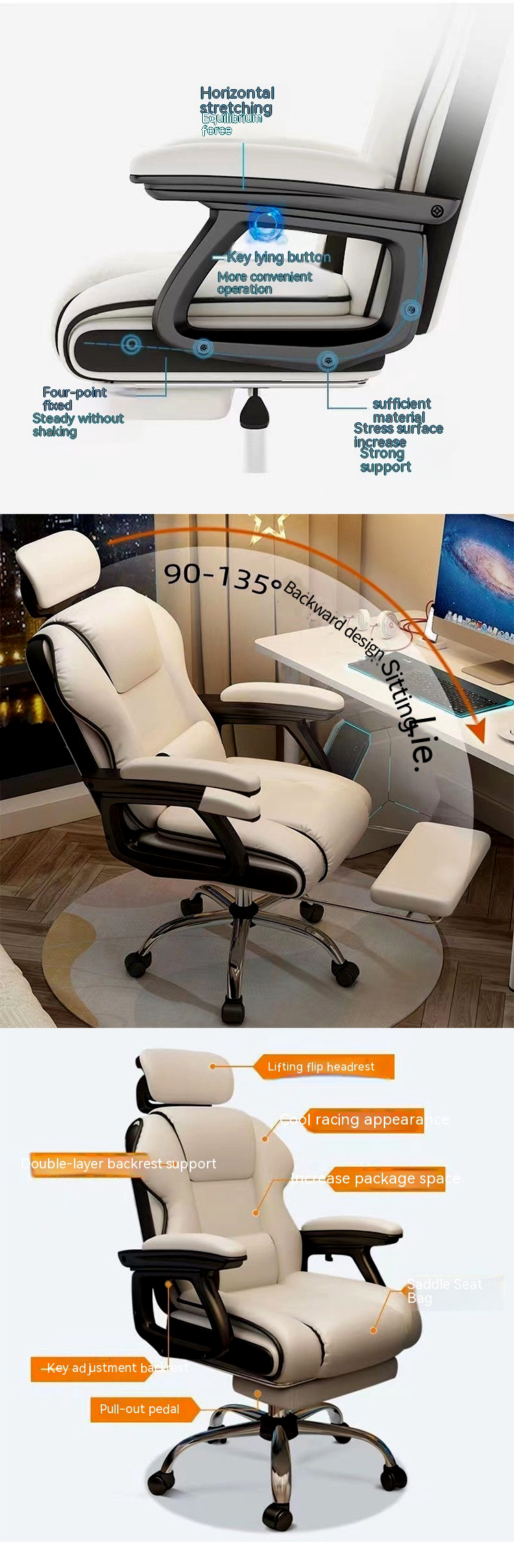 135 Degree Tiltable PU Leather Ergonomic Gaming Chair with Footrest in Black and Pink