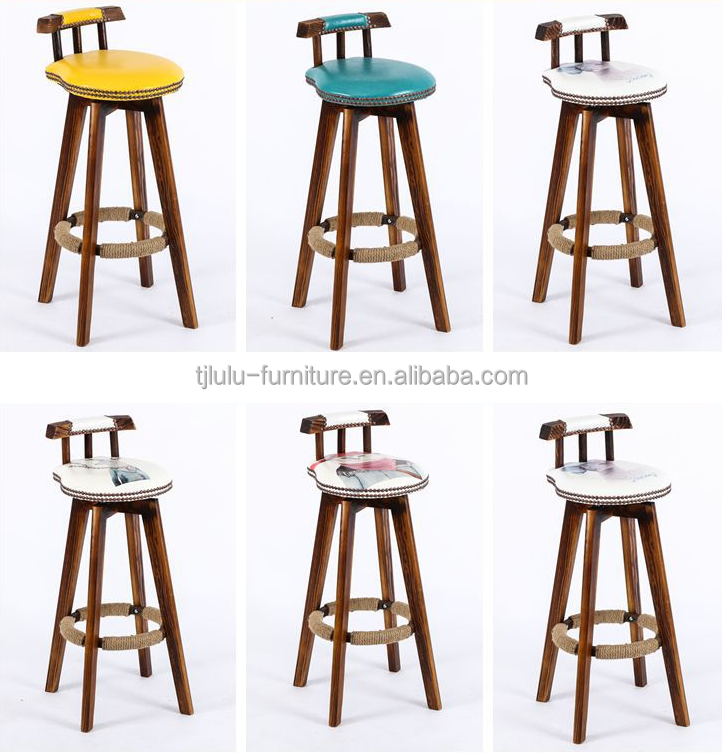 Bar Furniture Vintage High Chair Solid Wood Bar Stool with Back Rest Lacquered