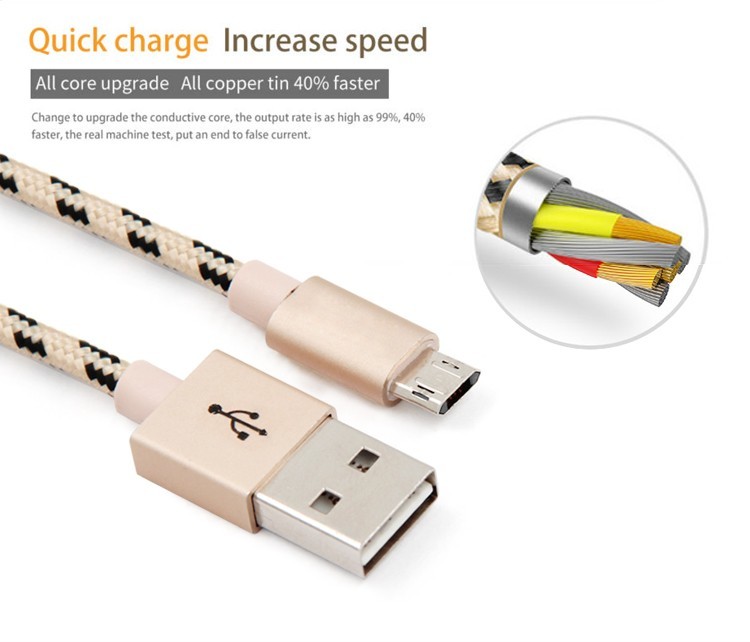 Nylon Aluminum Micro Data USB Cable 5V 2A 3Ft Fast Charging