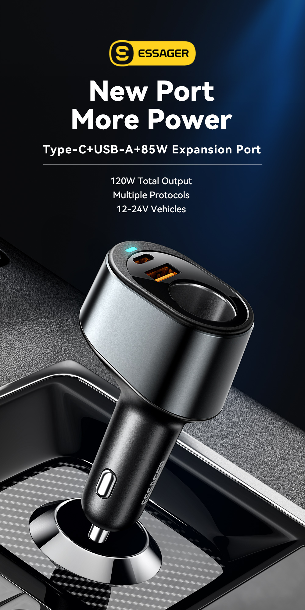 ESSAGER F755 Series 120W Cigarette Lighter USB-A USB-C Car Charger Port