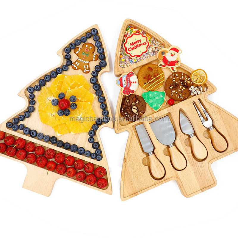 Unique Irregular Christmas Tree Charcuterie Board Set And Knives Made of Solid Bamboo