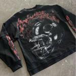 Black Washed Long Sleeve T Shirt Tee Men'S Heavyweight Acid Wash T-Shirt Hip Hop