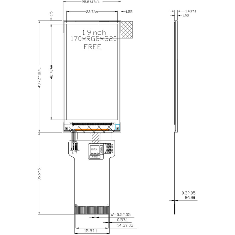 1.9 Inch 170x320 Resolution TFT LCD Display with SPI RGB Interface and IPS Full Viewing Angle