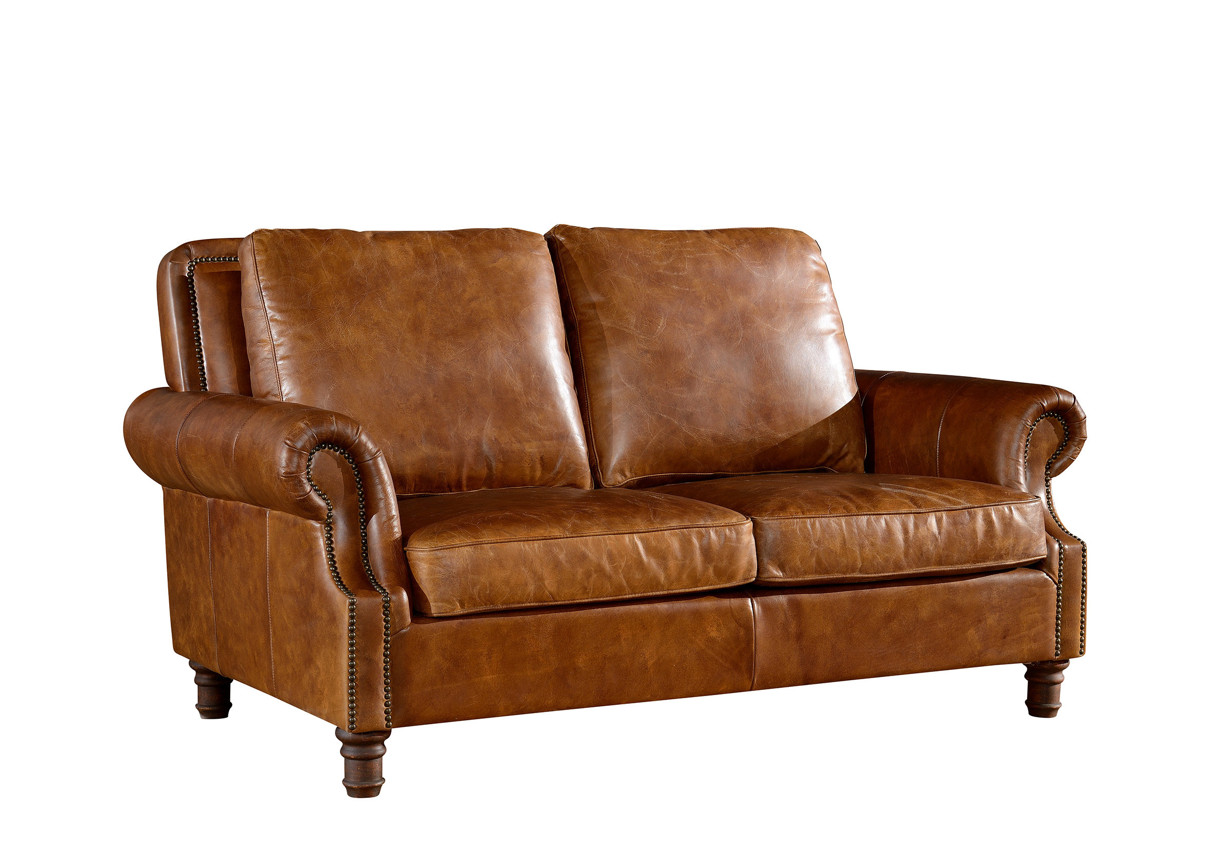 Retro Crack 2 Seater Chocolate Brown Leather Sofa Brass Nails Full Handwork Craft