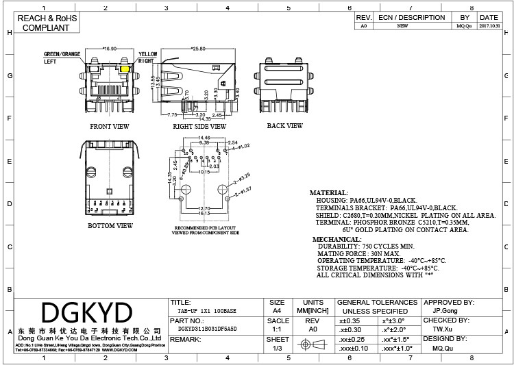 DGKYD Modular Connector 10P8C RJ45 Single Port With Transformer