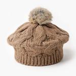 Winter Women Knit Beanie Hats 56cm Pom Pom Fur Beanie BIO Washed Cotton