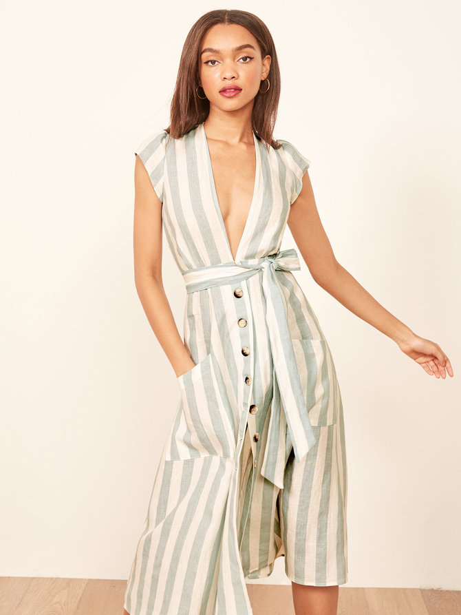 Boho Ladies Sex Linen Stripe Midi Dresses With Pocket Dress for Women