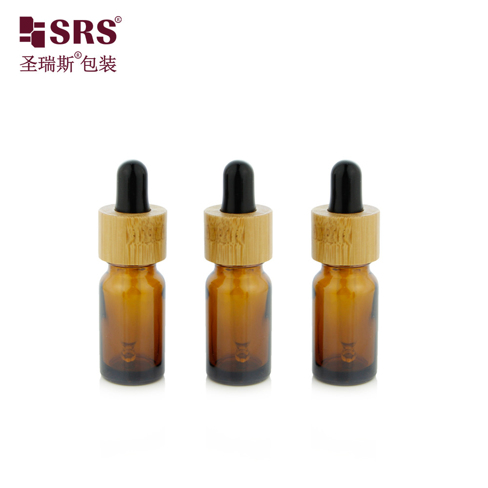 1 oz Empty Amber Cosmetic Essential Oil Bamboo Shoulder 30ml Glass Dropper Bottle