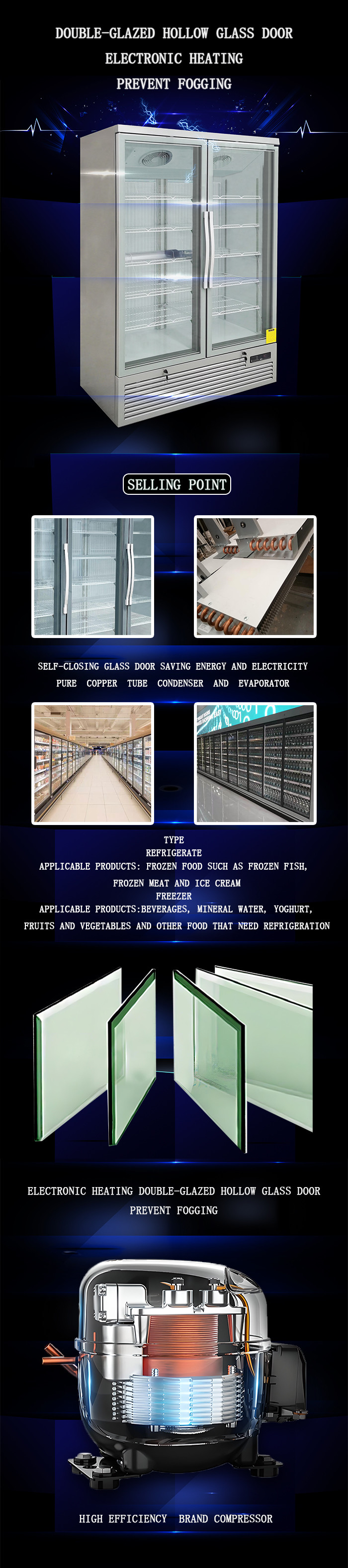 Vertical Glass Door Freezer Electrically Heated Fog Removing 810L Upright Refrigerator