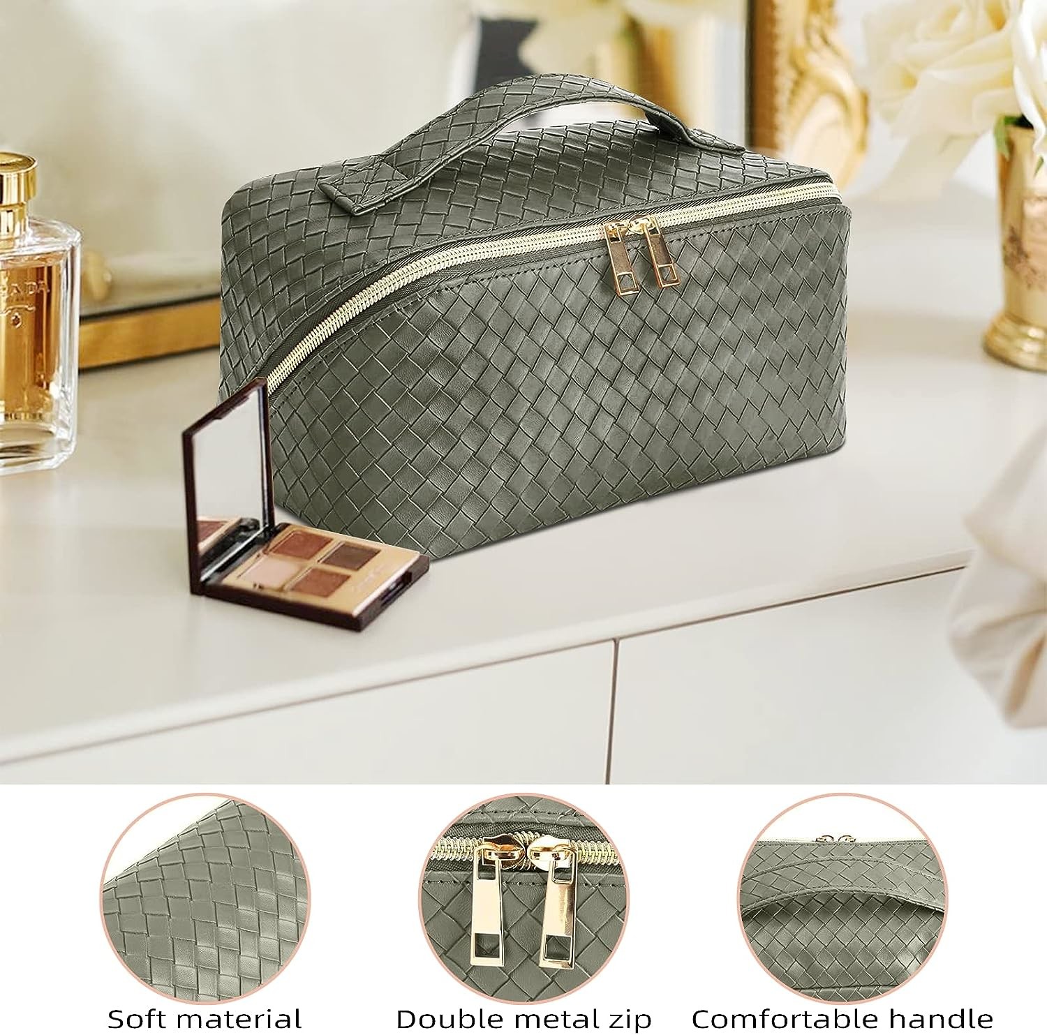 Shockproof Soft PU Leather Waterproof Cosmetic Bag With Handle Travelling