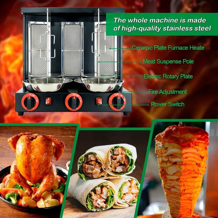 Burners Propane Gyro Machine Broiler Kebab Doner Shawarma Automatic Vertical Rotisserie BBQ Grill