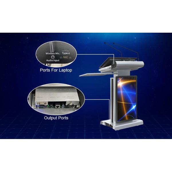 Smart Multimedia Podium with Adjustable Screen Angle 10-40°, 150mm Max Lifting Height, and Optional 32 Inch Smart Kiosk Screen
