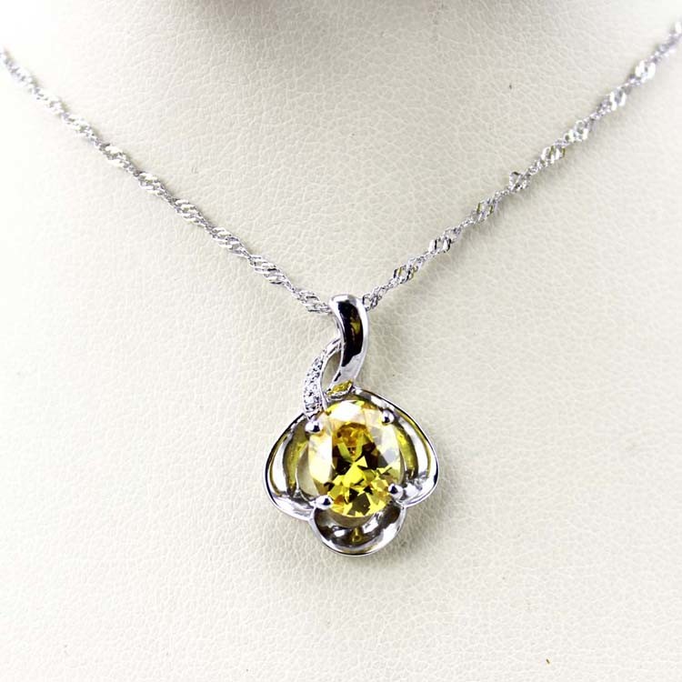 925 Silver Wave Chain Necklace and Citrine Cubic Zircon Pendant (PSJ0431)