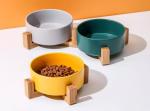 Unique Ceramic Pet Feed Bowl With Wooden Stand Cat Food Drinking Bowl Dish