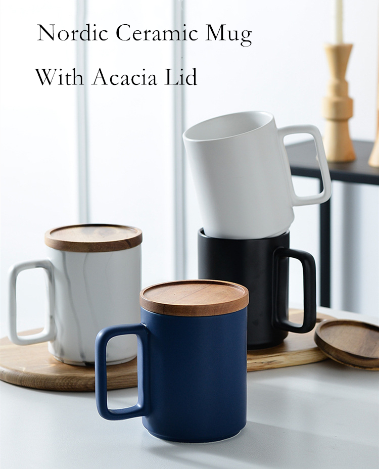 Custom Large 15oz Nordic Matte Black White Ceramic Coffee Mug with Wooden Lid Gift Box