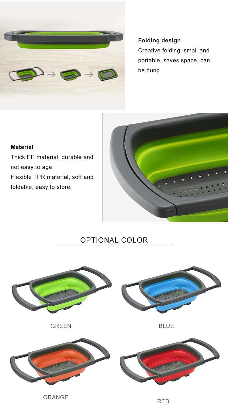 Collapsible Over the Sink Silicone Colander With Long Handle Kitchen Folding Strainer