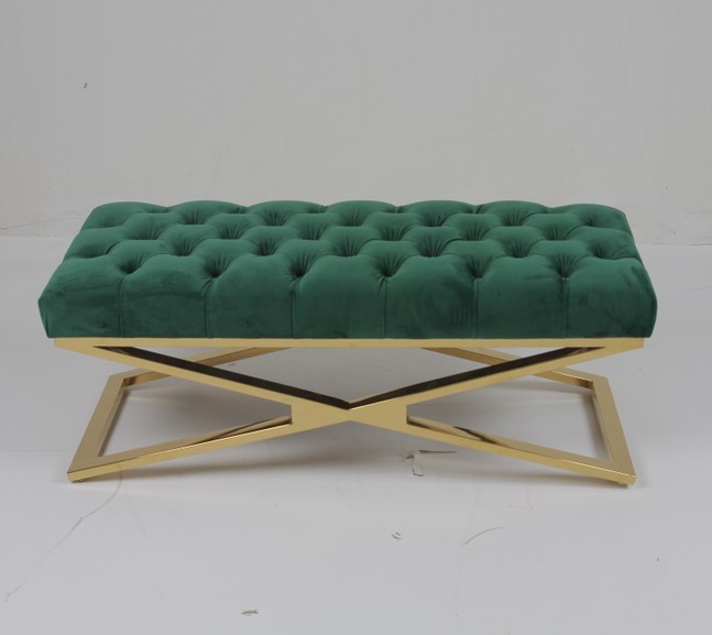 Button Tufted Velvet Bedroom Ottoman Bench Stainless Steel Base