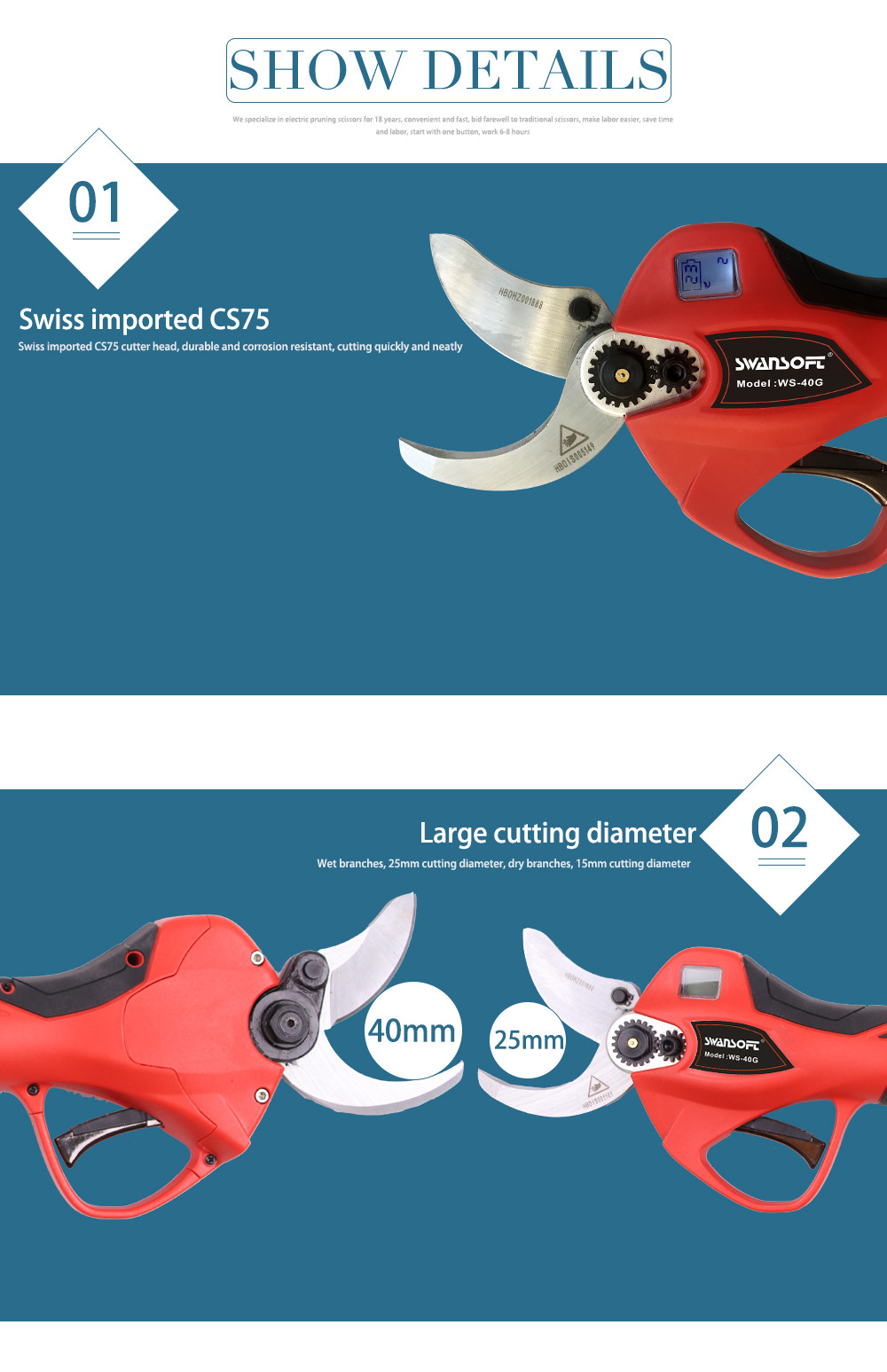 Finger Protection Swansoft Cordless 4.0CM Electric Pruner Pruning Shears with LED Display for Vineyard and Orchard