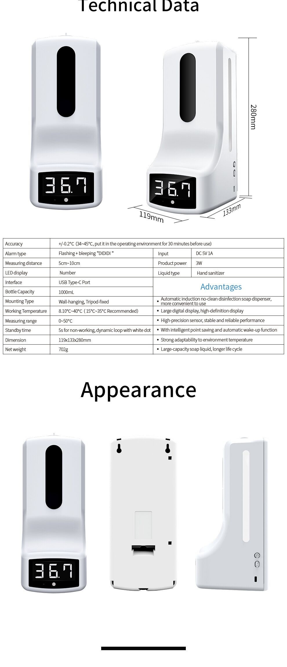 Intelligent Sensor Touchless Sanitizer Soap Dispenser Machine with Temperature Measurement,Wall Mount Soap Dispenser