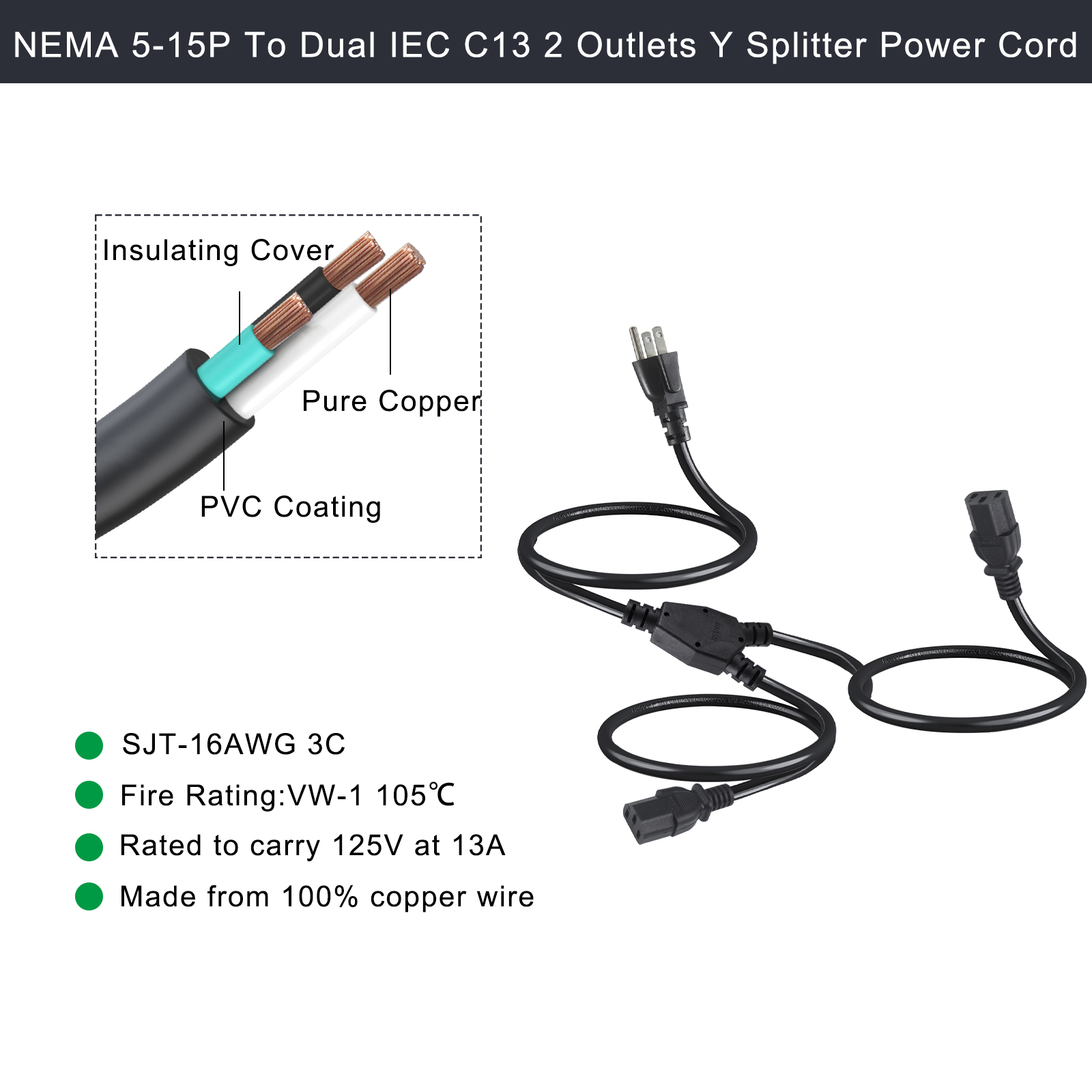 2 Outlets Y Splitter Computer Power Cord with Standard Nema 515P AC Plug and C13 Inlet
