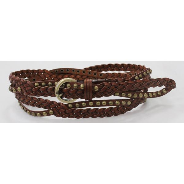 Brown Leather Womens Braided Belts With Gold Satin Buckle / Old Brass Mushroom Studs
