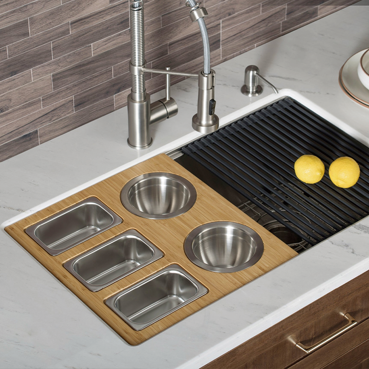 Workstation Composite Bamboo Cutting Board Set with Rectangular Stainless Steel Bowls