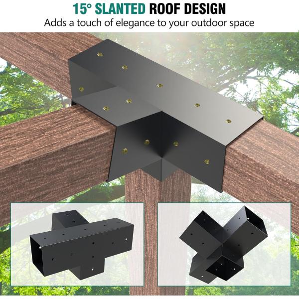 Pergola Brackets Kit 4-Way Brackets with Post Base for 4x4'' Wooden Beams Lumber Gazebos Patio Pergola Sheds