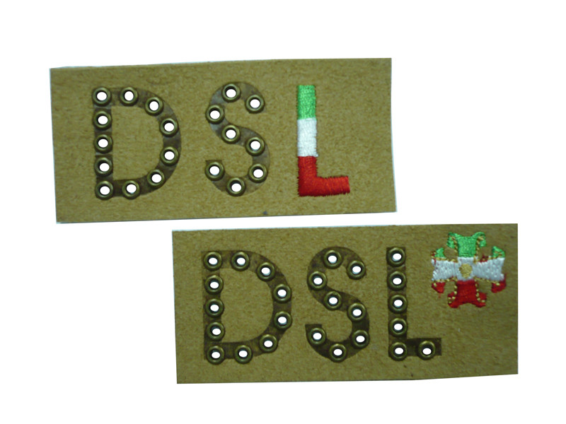 Brown Embossed Leather Patches With Embroidered DSL Logo For Jeans' Backing