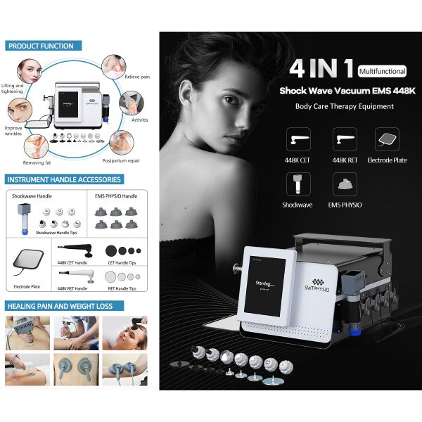 4 Handles ED Therapy Improve Wrinkles 448KHz CET RET Vacuum EMS Physicaltherapy Shockwave Device
