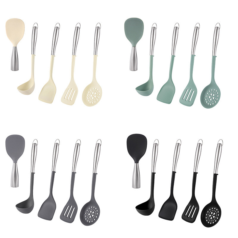 5Pcs Non-stick Kitchen Utensil Silicone Cooking Utensil Set Silicone Cookware Kitchen Tools Gift with Stainless Handle
