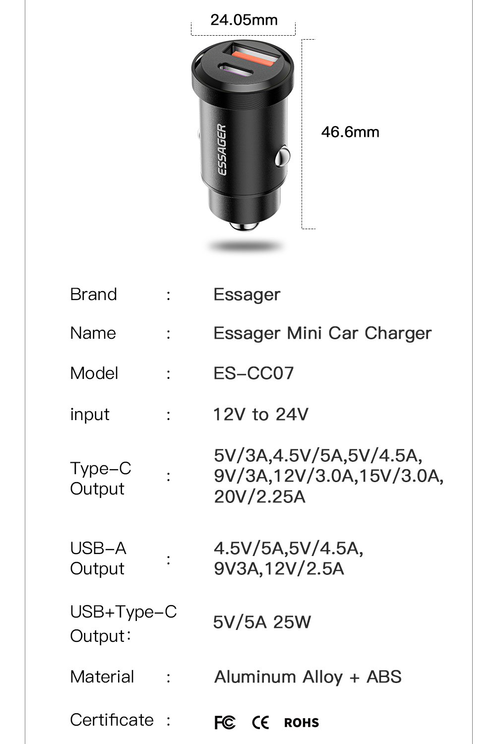 Essager 2022 Gyroscope Fasr 30W 45W Mini Car Charging 2 Port USB Type C Car Charger With Over-Charging Protection