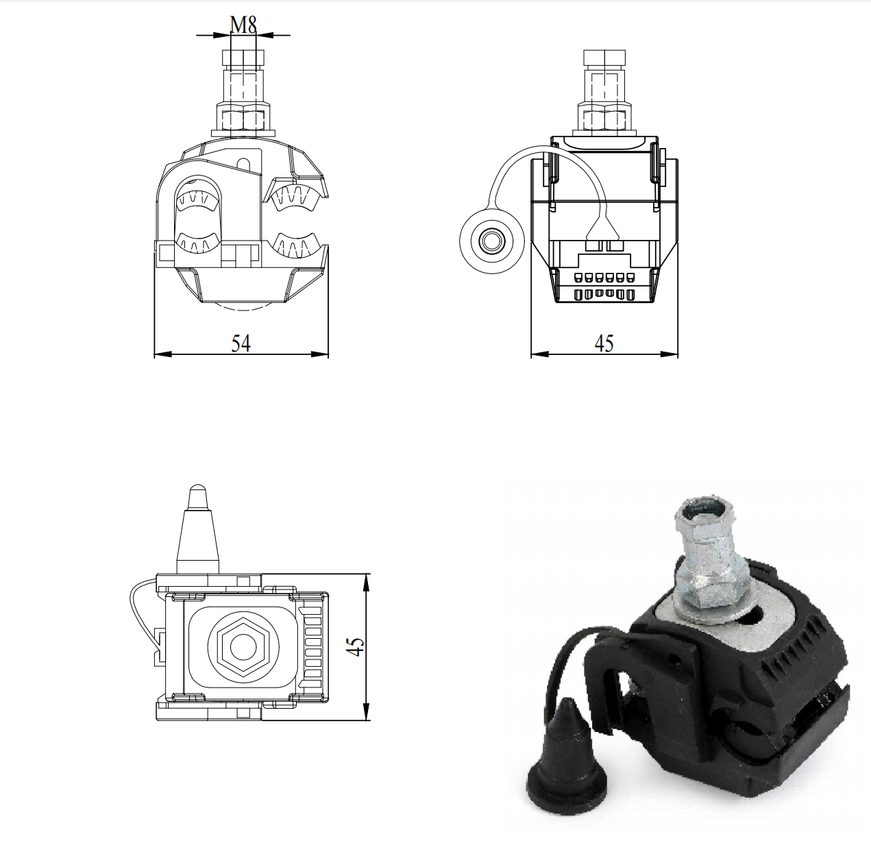 45*45*54 Size Fiber Tension Clamp for Overhead Black Suspension Outdoor Waterproof
