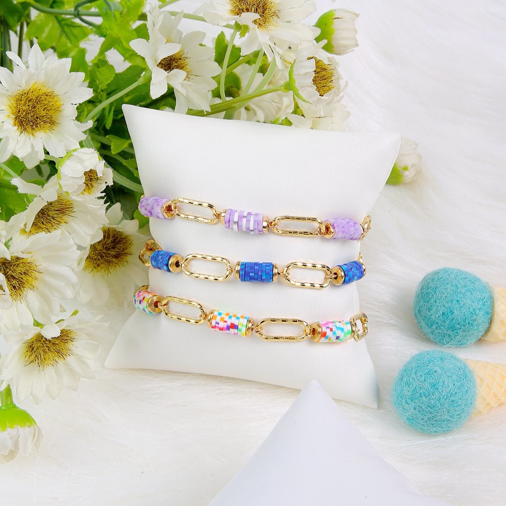 Rainbow Polyclay Piece Handmade Beads Bracelets 6mm With Gold Chain Magnets