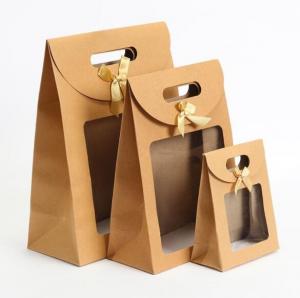 China Bow - Knot Die Cut Handle Kraft Packaging Bags With Opening Window Brown Stand Up Pouch on sale