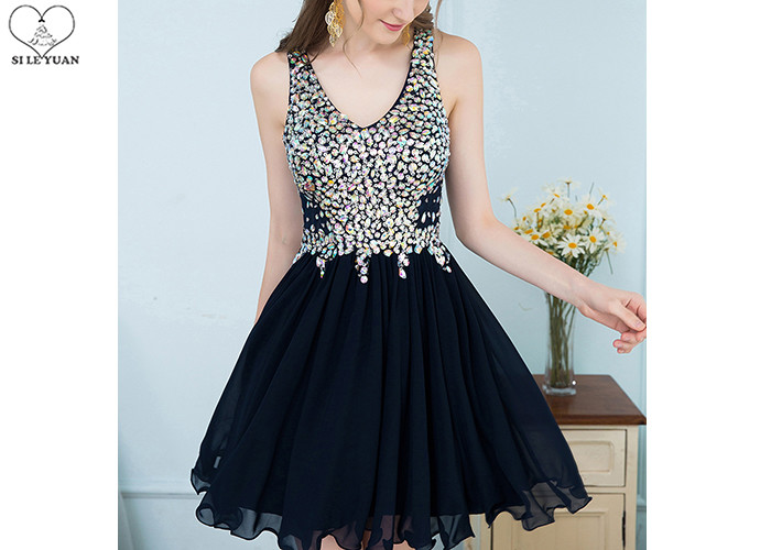 Chiffon Nude Short Black Formal Dresses / Top Diamond Prom Dress Puffy Down Part