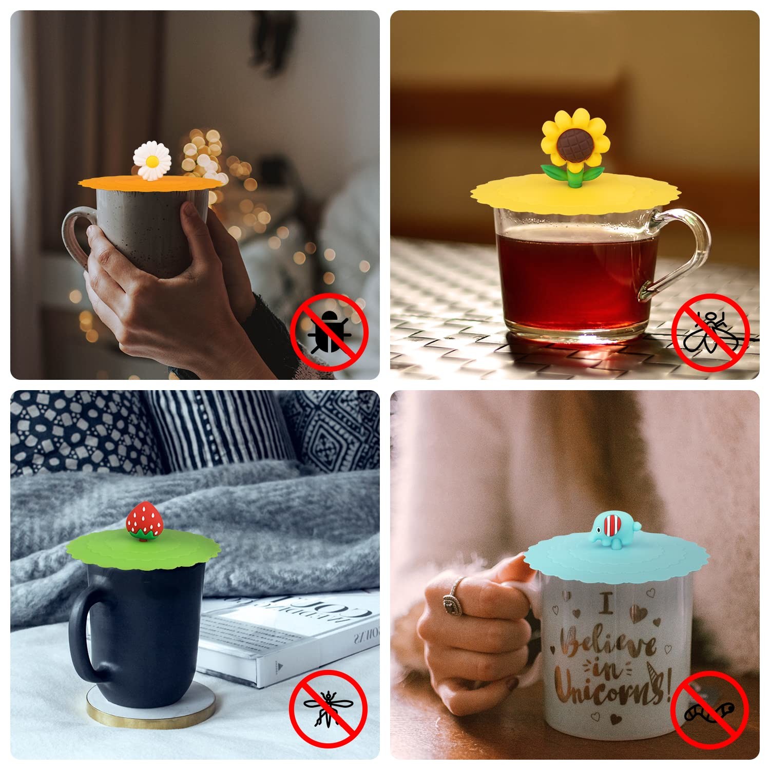 Silicone Mug Lid Cover, Colorful Anti-Dust Silicone Mug Cover Cute Reusable Silicone Lids For Cups Mug Beer Glass Indoor