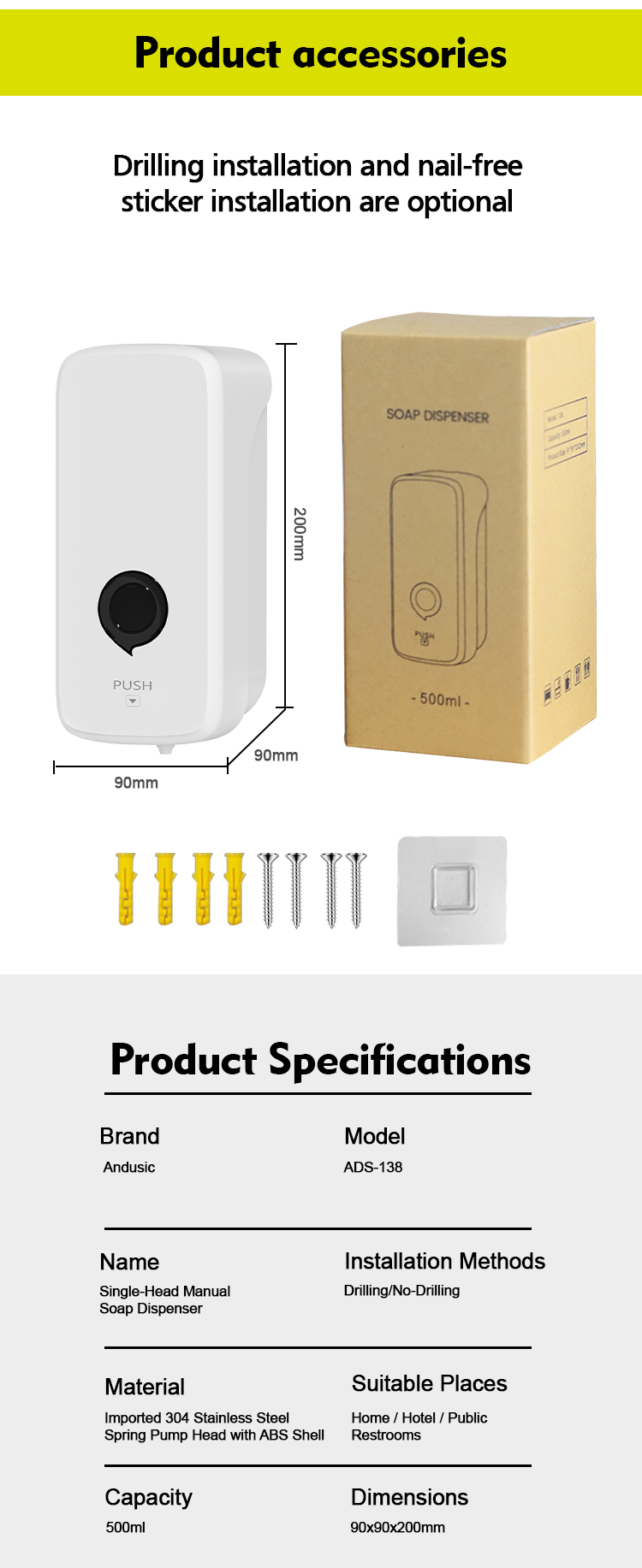 Modern ABS Wall Mounted Foam Soap Dispenser 500ML Commercial Hand Soap Dispenser