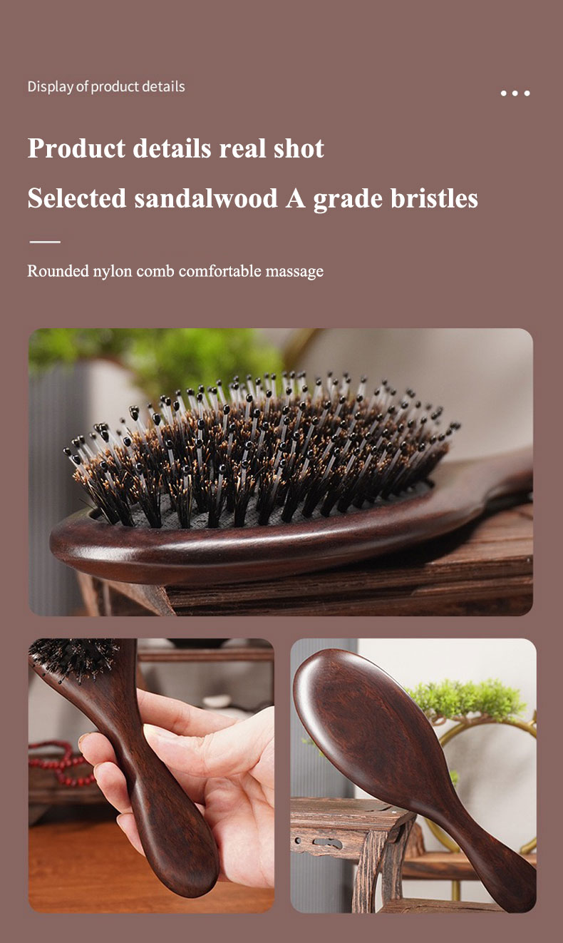 Black Sandalwood And Natural Wood Boar Bristle Hair Brush For Massage