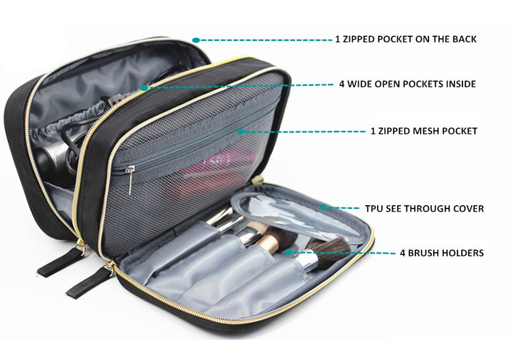 2 Main Compartments Black Polyester Makeup Bag