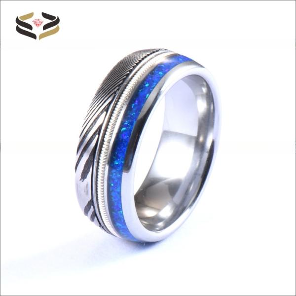 Men's Hunting Damascus Steel Wedding Bands 8mm Blue Opal Silver Guitar String Inlay