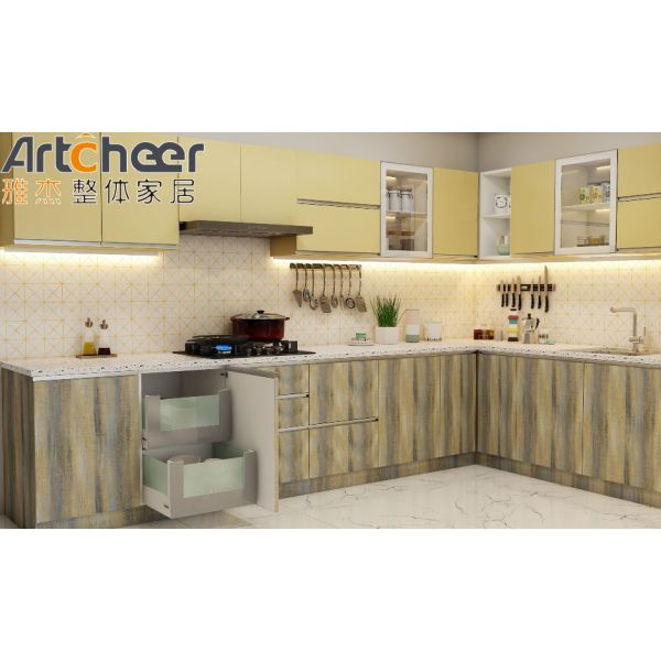Modern L Shape Kitchen Cabinet with Melamine Finish and 5 Drawers for Eco-Friendly Modular Kitchen