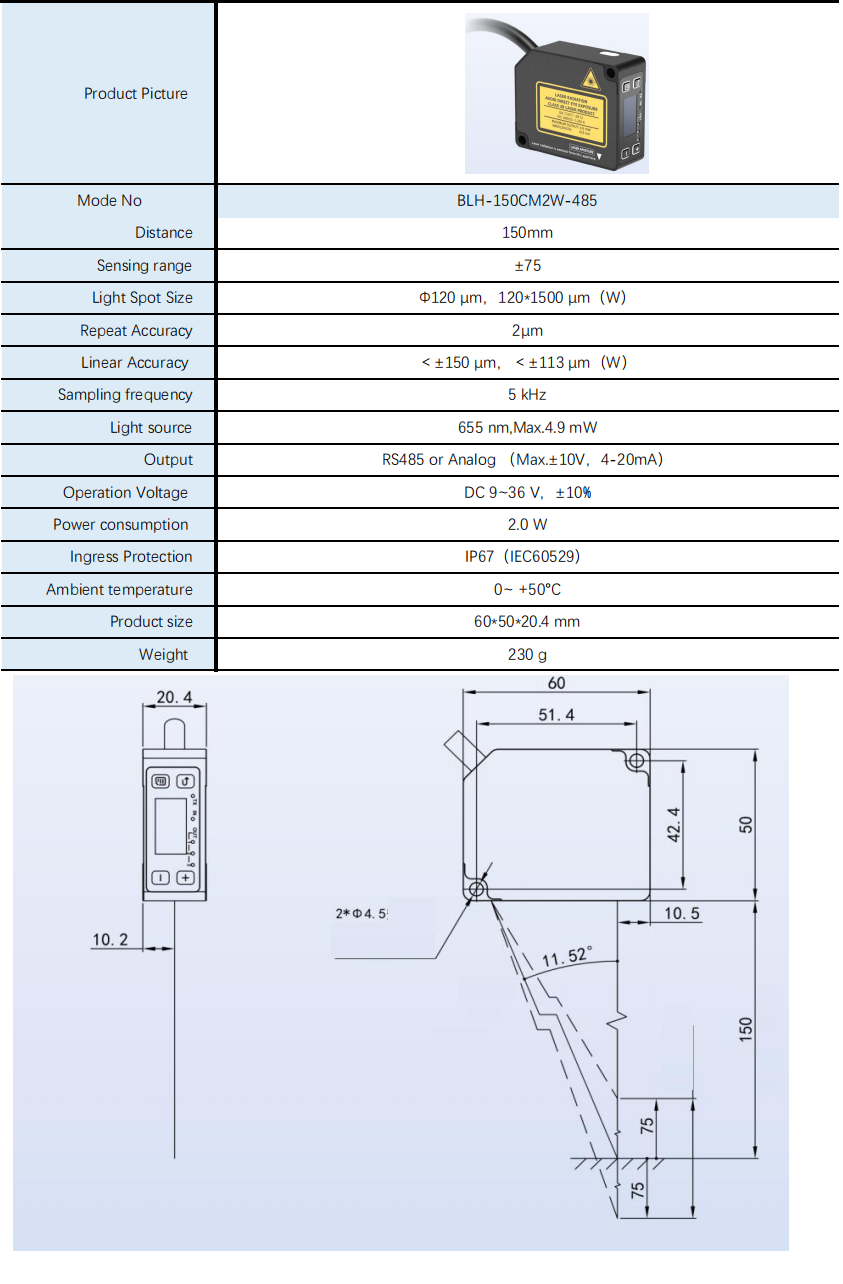 Laser Displacement Sensor 10μM Repeatability Analog RS-485 Laser Distance Measurement Sensor