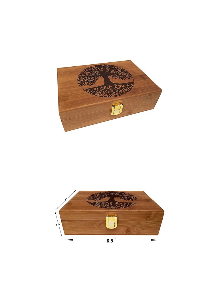Home Decorative Recyclable Bamboo Wood Storage Box Engraved Tree Design
