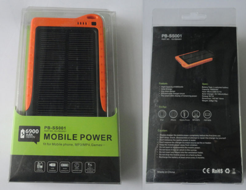 Portable Solar Power Charger (PB-SS001), Mobile Power 6900mAh USB Output
