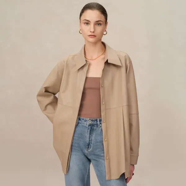 HONGJUN Milk Tea Faux Leather Coat