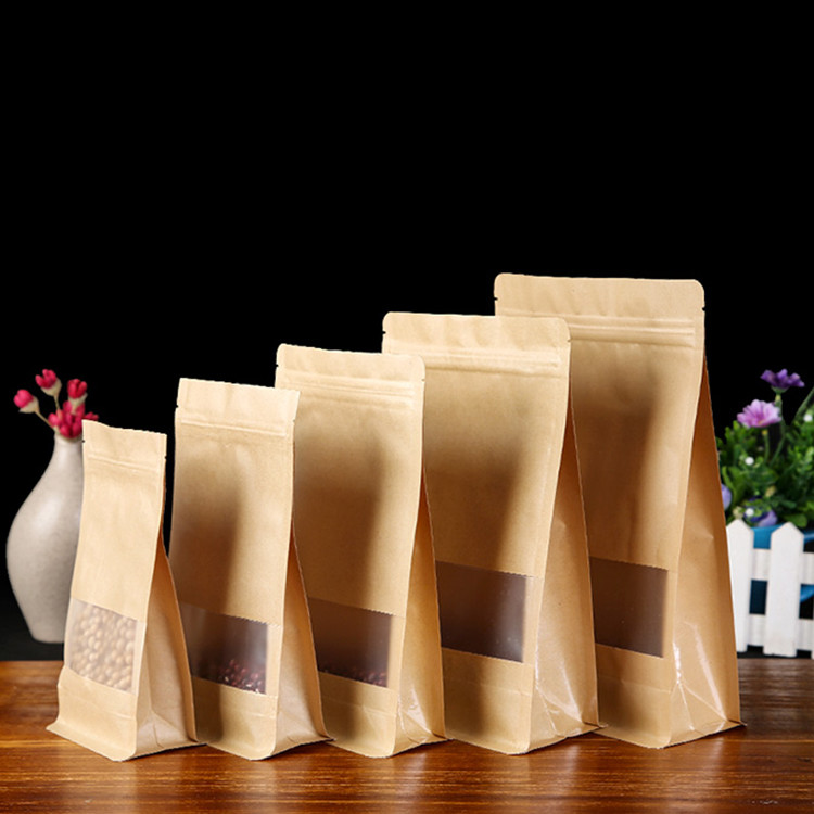 Flat Bottom Clear Window Food Package Brown Kraft Paper Bag for Snack
