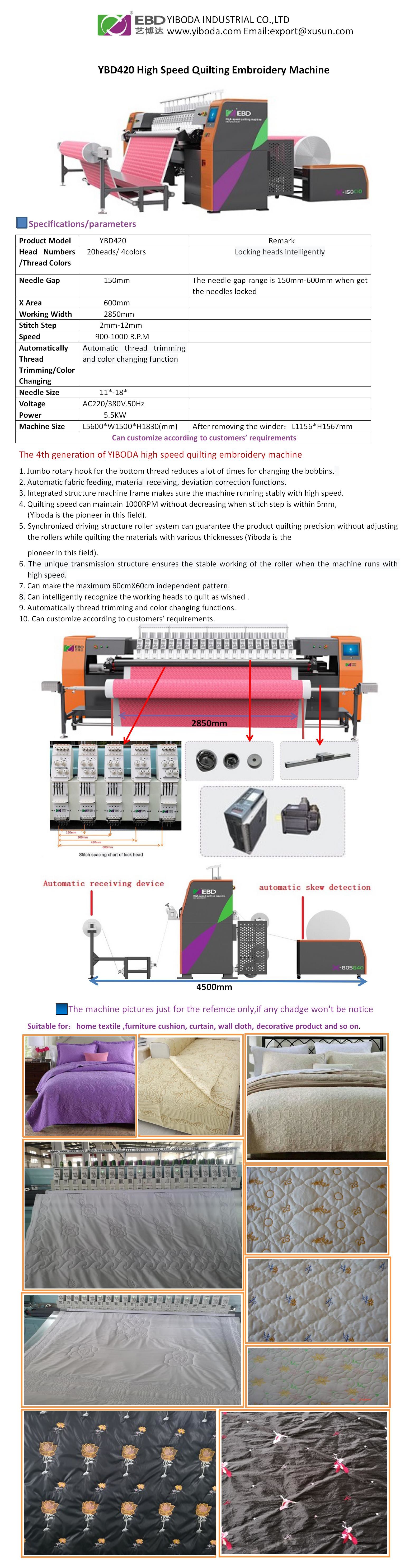 High Speed 4 Colors Quilting Embroidery Machine Working Width 2850mm