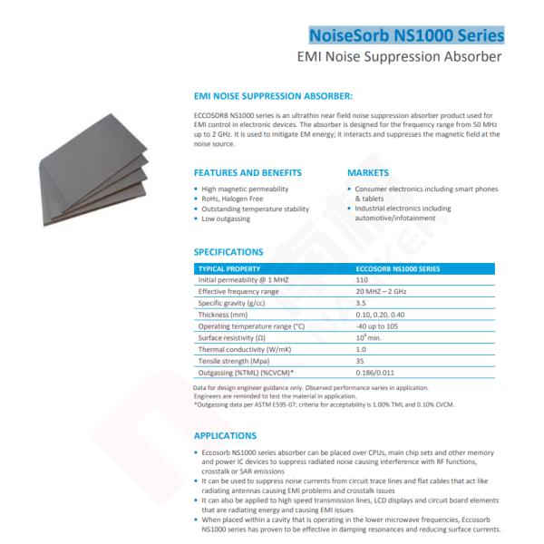 Customized EMI Noise Suppression Microwave Absorber NS1000 Series