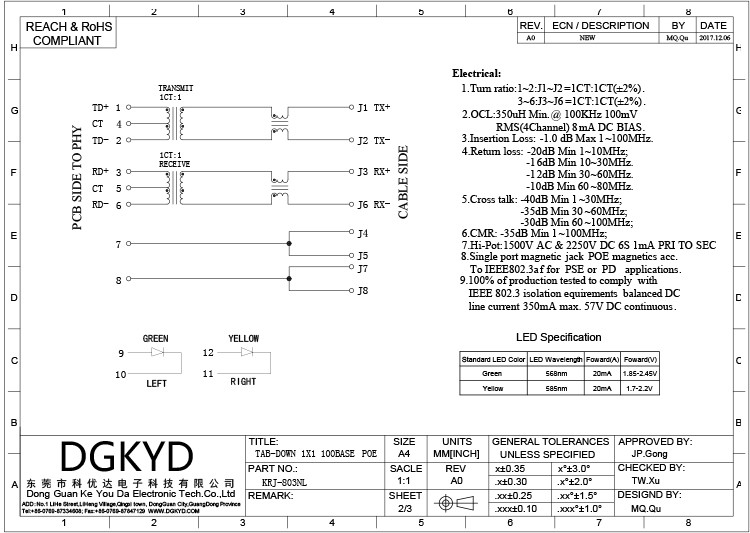 KRJ-803NL 8P8C With Transformer Cat5 RJ45 Female Connector