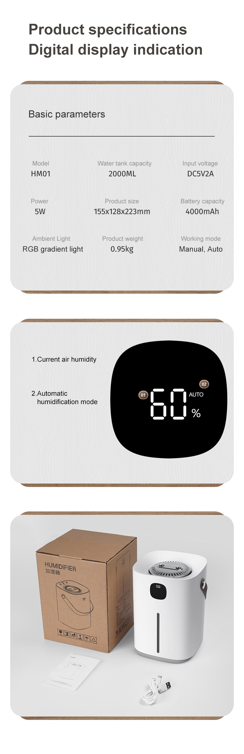 HOMEFISH 2000ml/2L Room Humidifier H2O Air Humidifier 4000mah